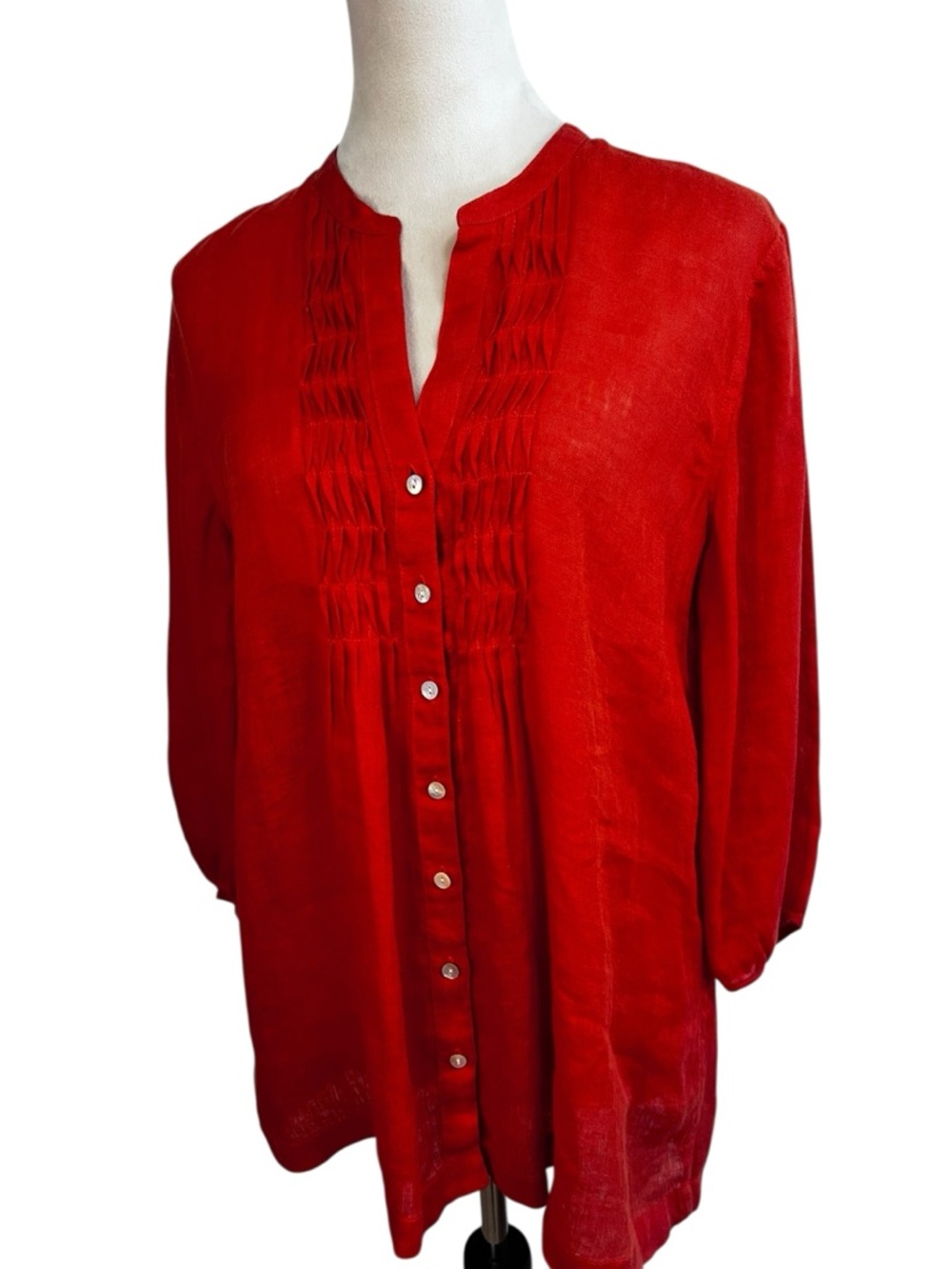Tommy Bahama 100% Linen Coral Red Pintuck Button Front Blouse Small 3/4 Sleeve